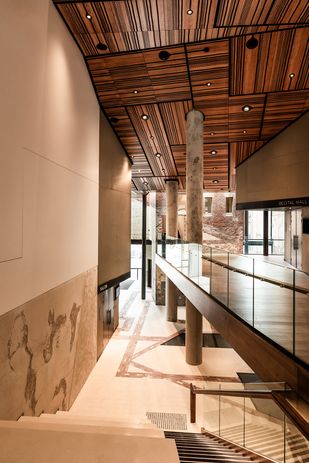 A ceiling of Tasmanian blackwood veneer adds warmth to the multi-level foyer, where circulation paths intertwine.