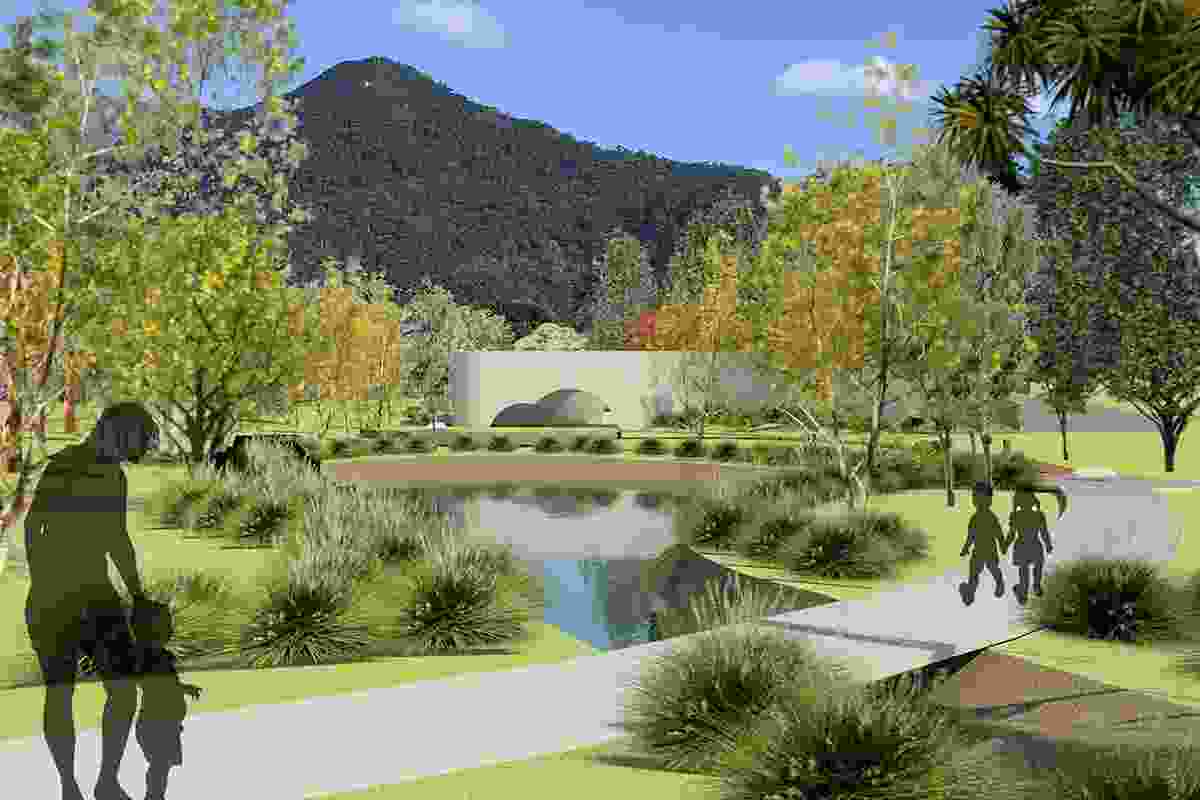 The approach to the gallery of ancient memories with the restored freshwater spring in the foreground and Bunda Mundi Ghunji (White Rock Peak) behind.
