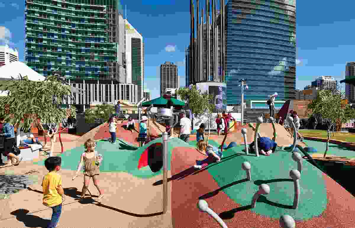 Yagan Square’s playspace features colourful mounds that invite exploration and free play; adults can supervise their kids from the nearby amphitheatre